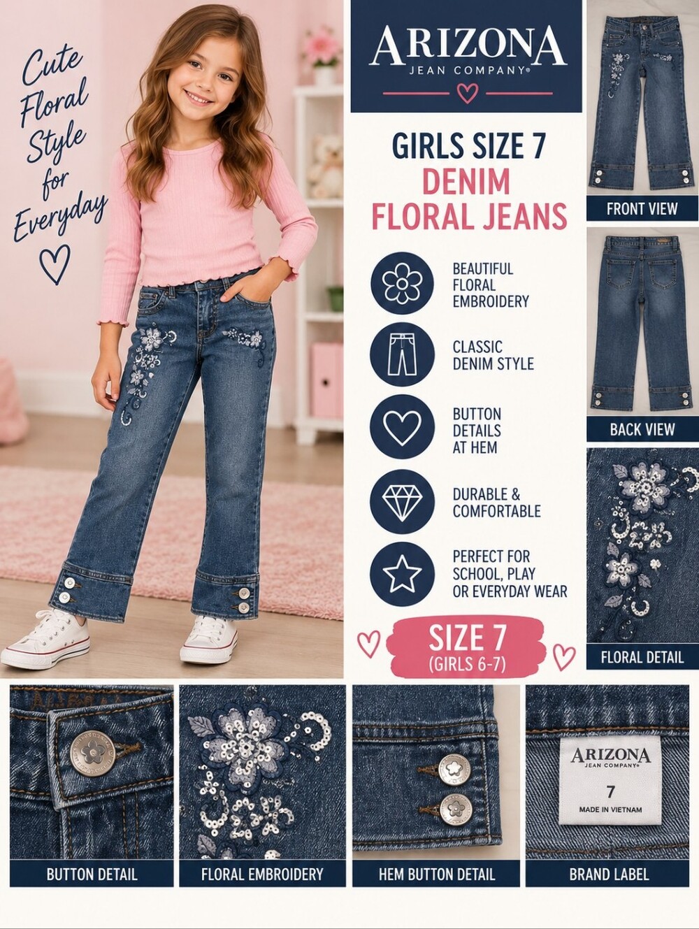 Arizona jeans girls size 7 denim floral jeans #34